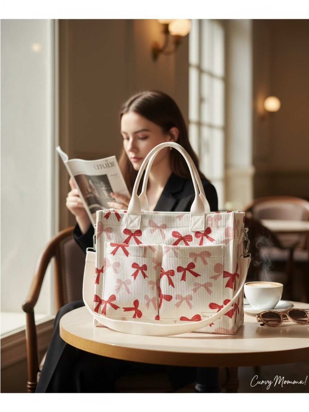 Cream Tote Bag with Red Bow Print - excellent quality - Picture 2 of 3